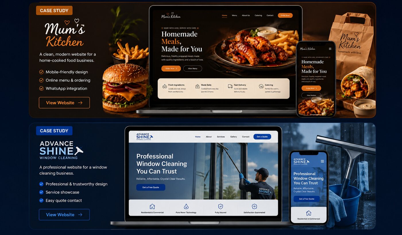 Nikito Studio work for Mum’s Kitchen and Advance Shine window cleaning, shown on desktop and mobile